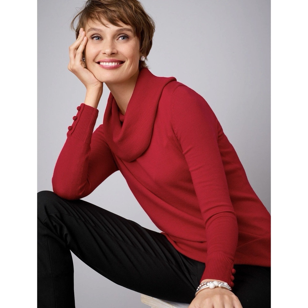 Talbots Pure Merino Wool Cowl Neck Sweater Women's M Red Button Cuff